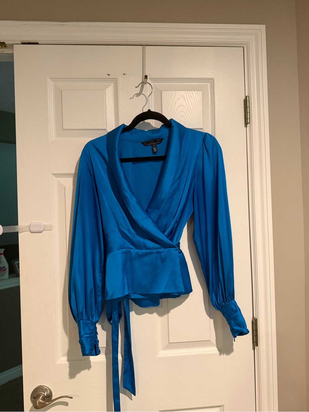 White House Black Market Vibrant Blue Satin Wrap Blouse